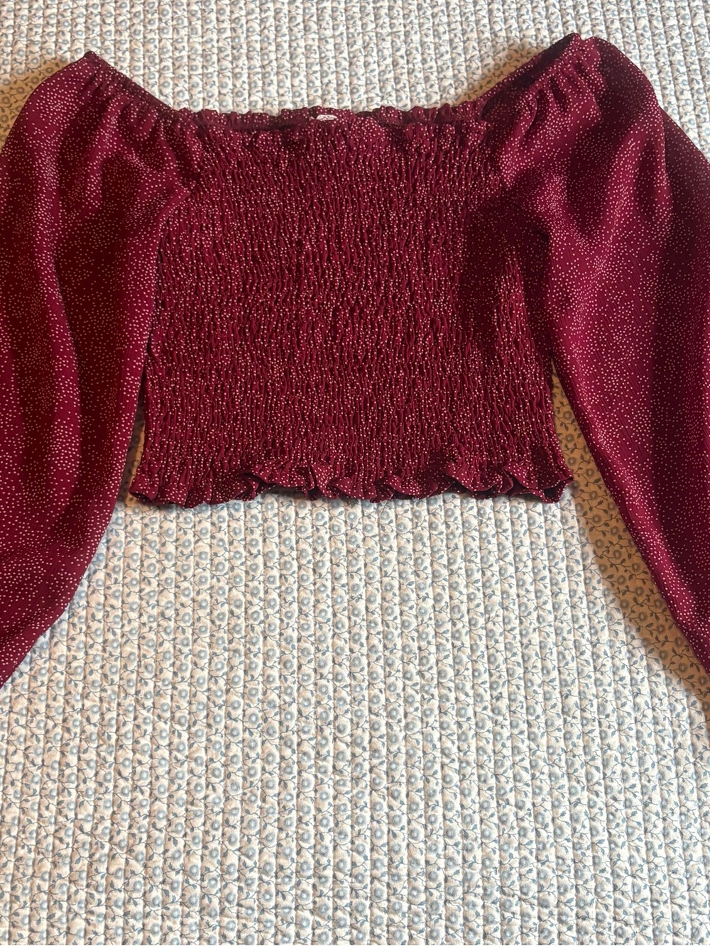 Sadie & Sage Burgundy Smocked Off-Shoulder Crop Top